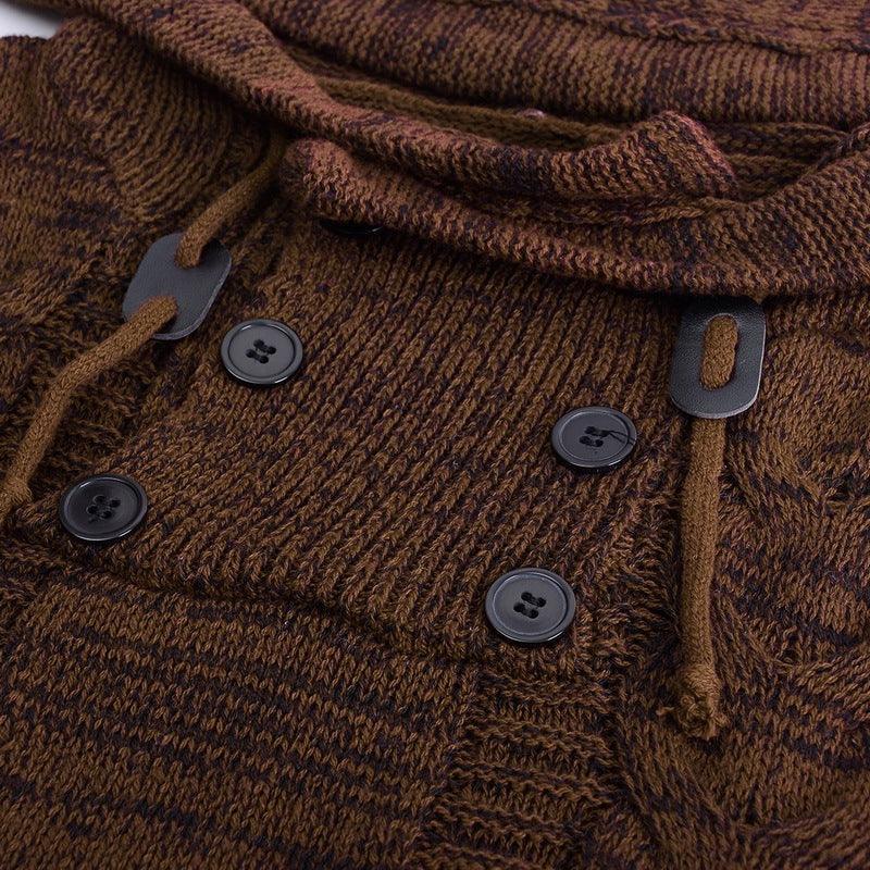 Close-up of brown knit sweater with black buttons and adjustable drawstring hood
