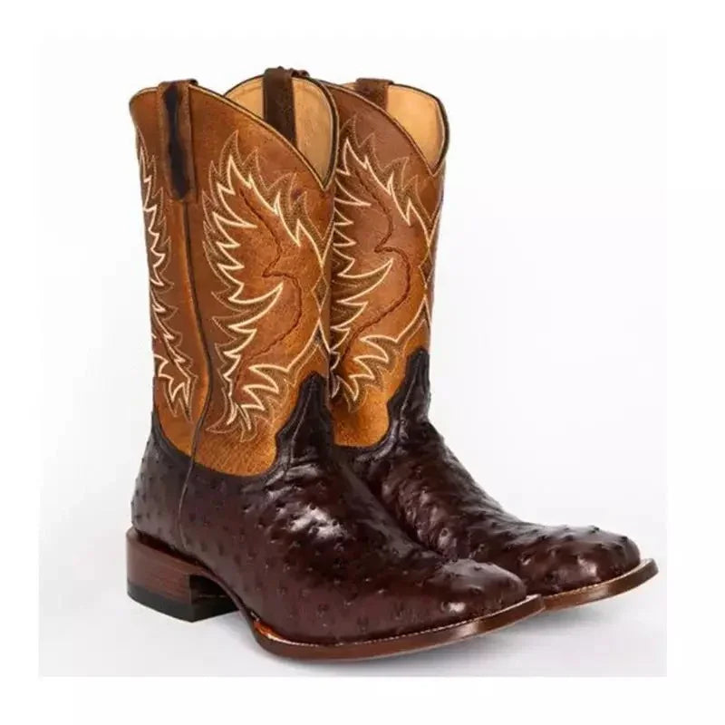 Brown leather cowboy boots with embossed texture and detailed stitching, mid-calf fit.