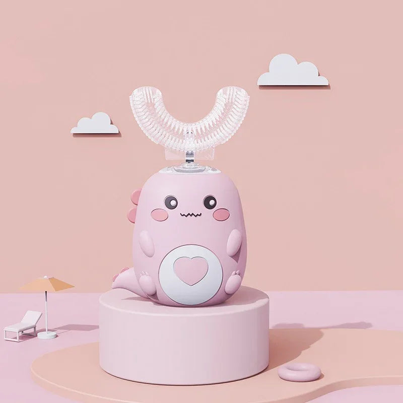 Cute pink dinosaur-shaped automatic toothbrush with heart detail, silicone bristles, pastel background