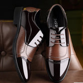 Men’s brown and black oxford dress shoes in shiny leather with classic lace-up style