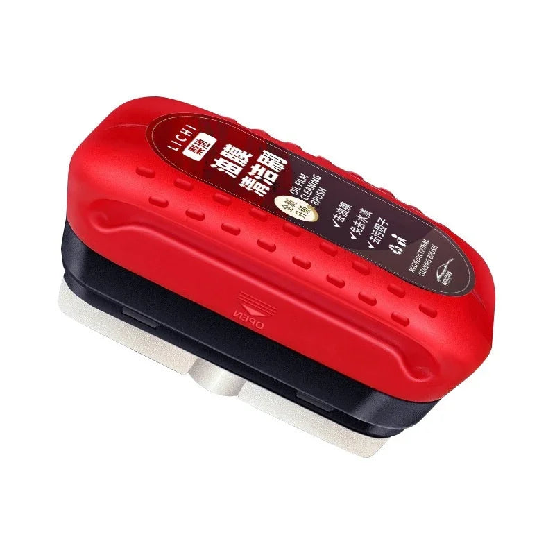 Red and black rectangular cleaning brush with ridged plastic handle and bristles