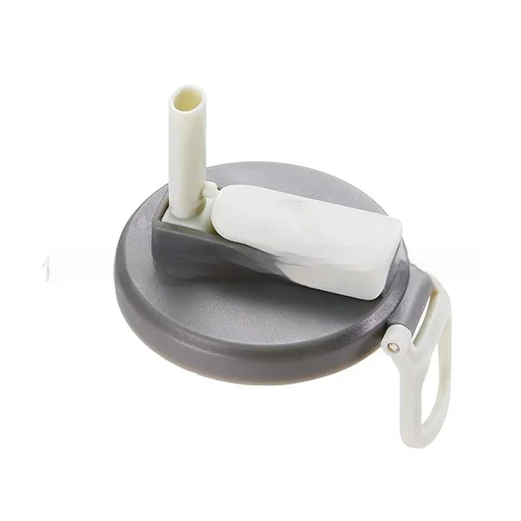 Gray and white plastic water bottle lid with flip spout and carrying handle