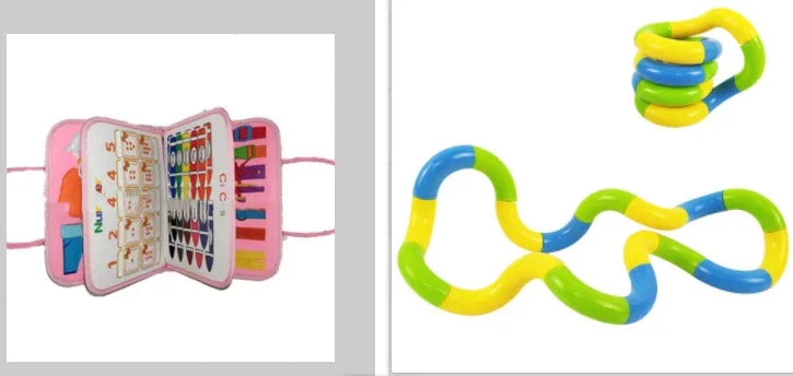 Open pink fabric activity book with colorful learning pages and flexible multicolor fidget toy