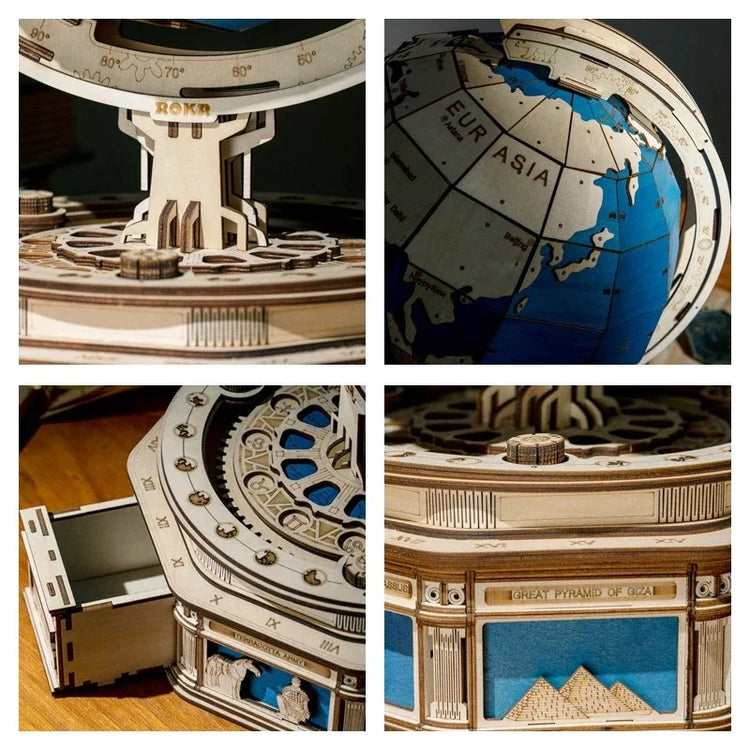 Wooden mechanical globe puzzle with engraved world map, intricate gears, and hidden drawer