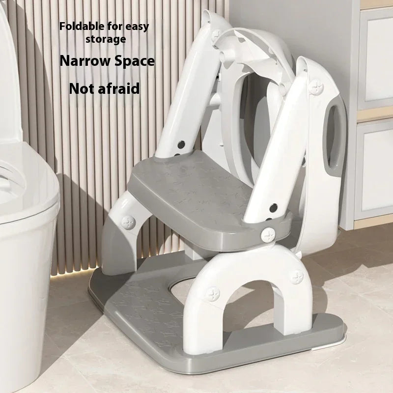 Foldable white and gray plastic kids toilet training seat with step, compact design for small bathrooms