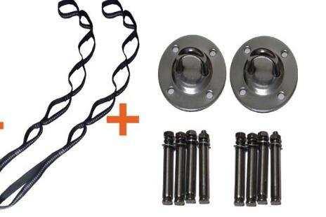 Metal grommets, bolts, and twisted black straps displayed on a white background