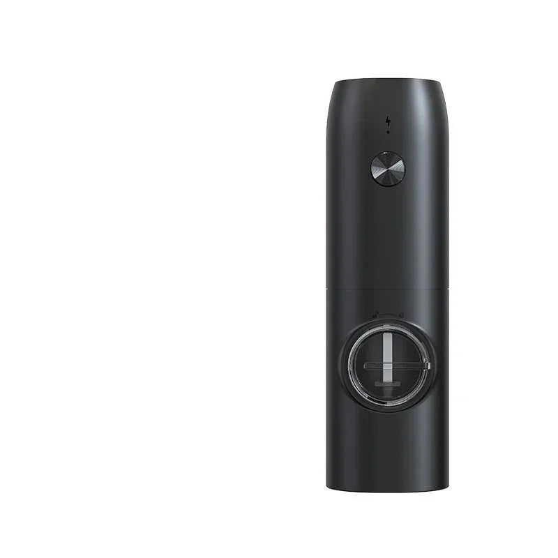 sleek black portable electric grinder with matte finish and transparent chamber