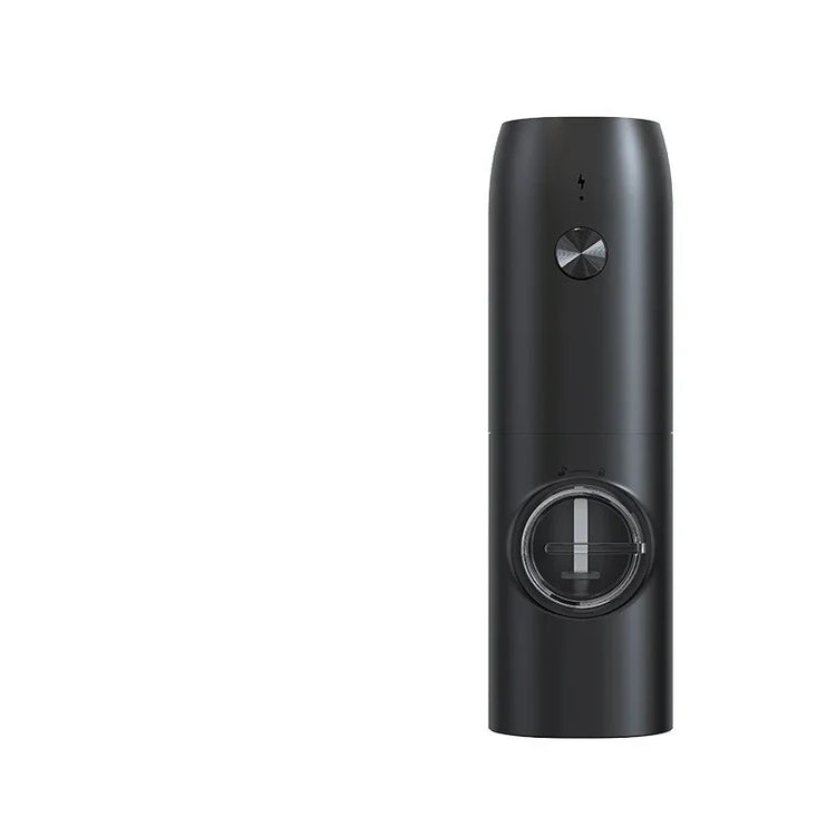 sleek black portable electric grinder with matte finish and transparent chamber