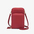 Red faux leather crossbody phone bag with dual zip compartments and gold hardware