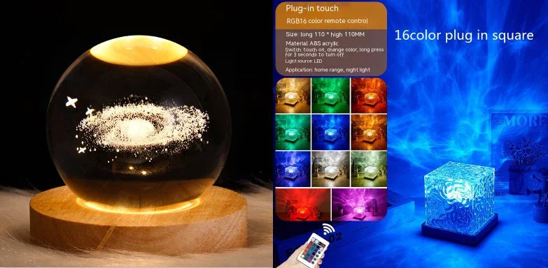 Futuristic LED crystal orb lamp with galaxy design and multicolor acrylic cube night light.
