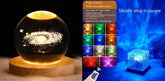 Futuristic LED crystal orb lamp with galaxy design and multicolor acrylic cube night light.