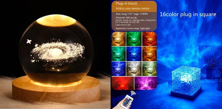 Futuristic LED crystal orb lamp with galaxy design and multicolor acrylic cube night light.