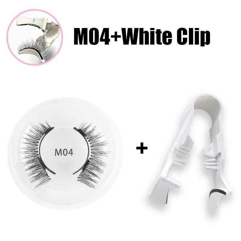 Pair of black synthetic false eyelashes labeled M04 with a white plastic lash applicator clip