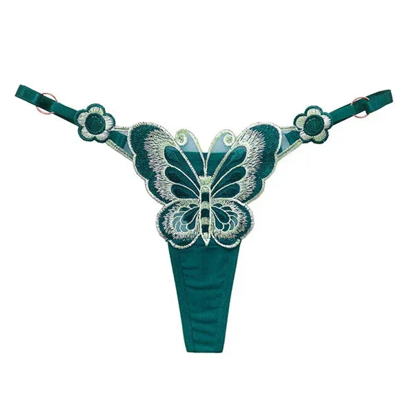 Green embroidered butterfly lace thong with adjustable straps and floral details