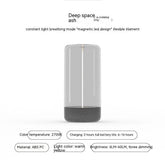 Modern grey portable LED lamp with transparent cylindrical body, warm yellow light, ABS PC material.