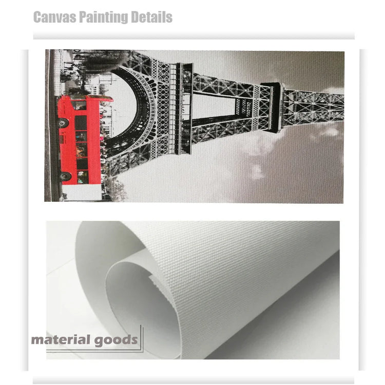 Close-up of canvas print featuring Eiffel Tower with a red bus, and rolled textured canvas material.