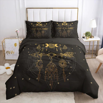 Black duvet cover set with gold celestial and mandala patterns, modern bedroom decor