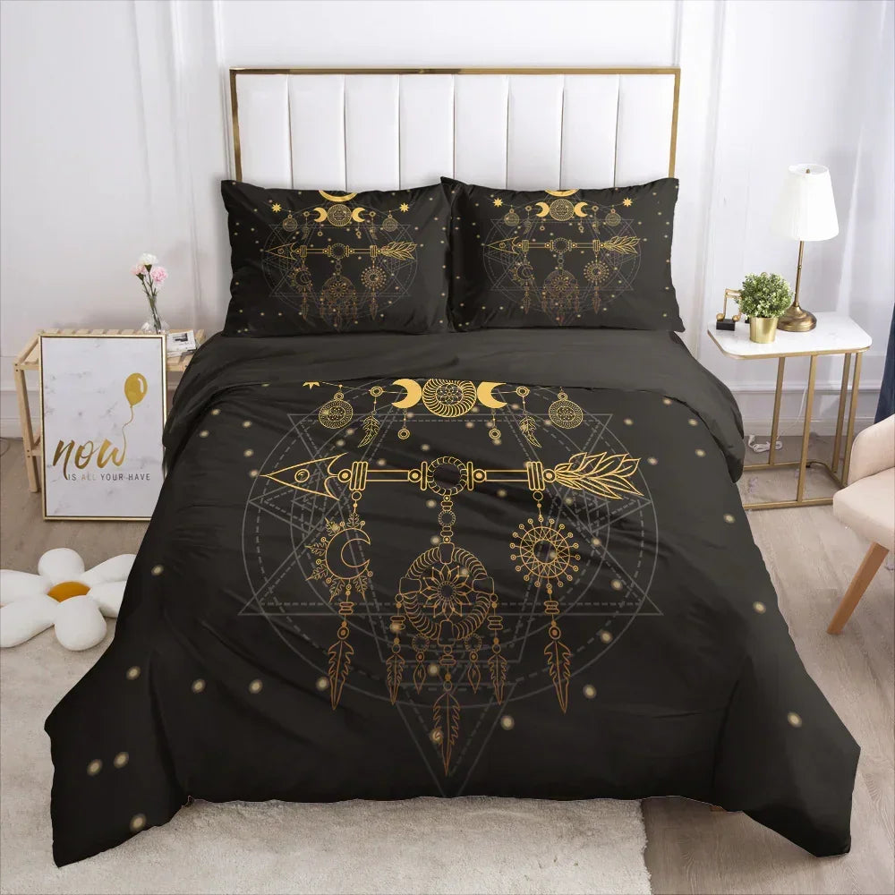 Black bedding set with gold geometric and dreamcatcher patterns, soft material, modern fit
