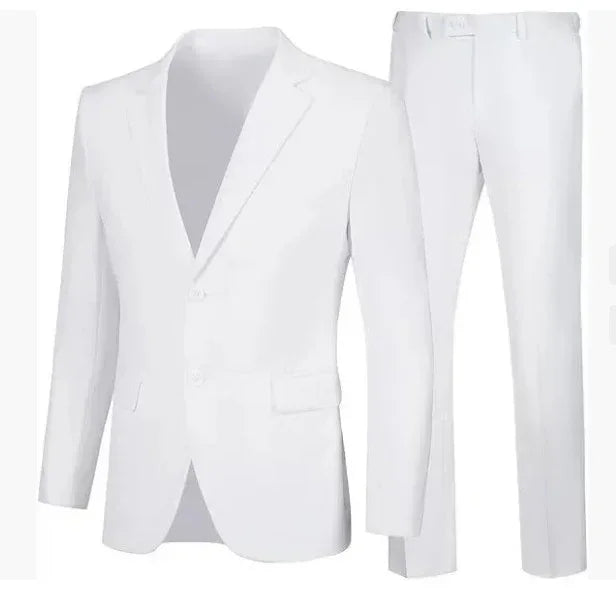 White slim-fit suit set with blazer and trousers, modern tailored style.