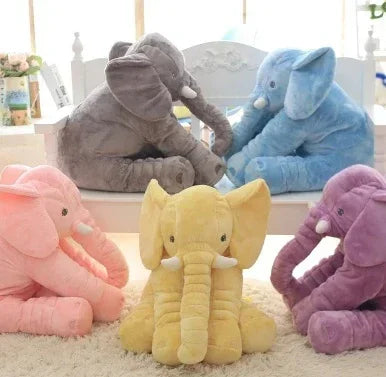 Colorful plush elephant toys in pastel shades, soft material, large and cuddly fit.
