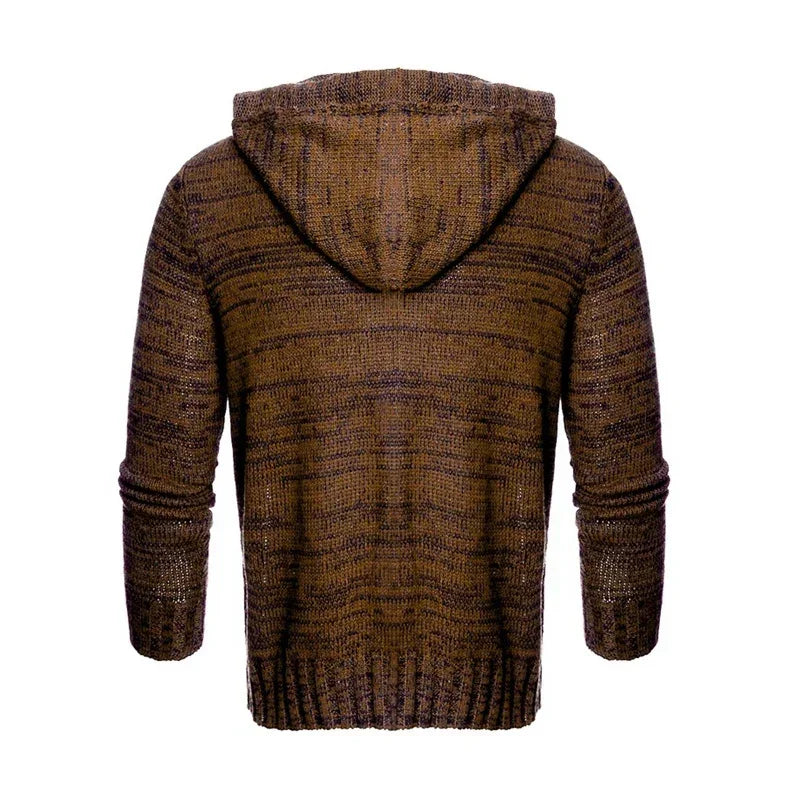 Back view of a brown knitted hooded sweater with long sleeves and relaxed fit