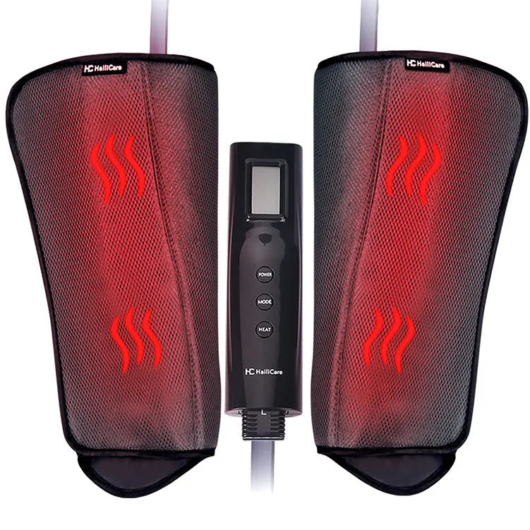 Mesh fabric heated leg massage sleeves in black and red with adjustable fit and digital controller