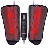 Mesh fabric heated leg massage sleeves in black and red with adjustable fit and digital controller