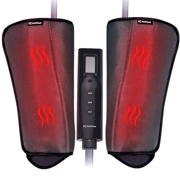 Mesh fabric heated leg massage sleeves in black and red with adjustable fit and digital controller