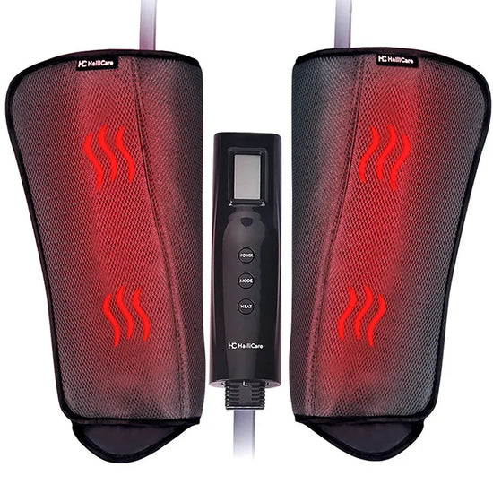 Mesh fabric heated leg massage sleeves in black and red with adjustable fit and digital controller