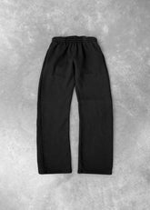 Black relaxed fit sweatpants with elastic waistband, soft cotton material, flat lay