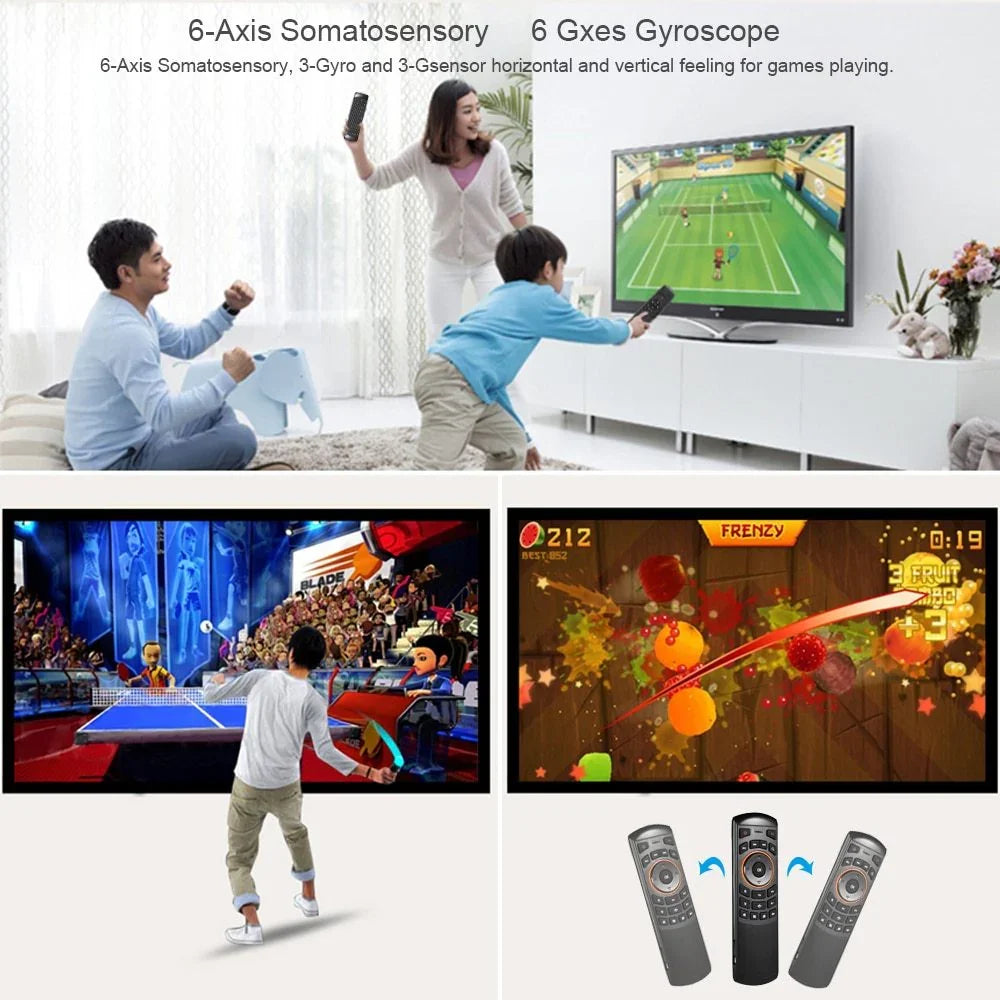 Family in casual loungewear playing motion-sensor video games in a modern living room.
