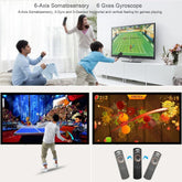 Family in casual loungewear playing motion-sensor video games in a modern living room.