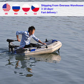 Man in a light blue button-up shirt and black pants in a fitted, casual style, rowing an inflatable boat on calm water.
