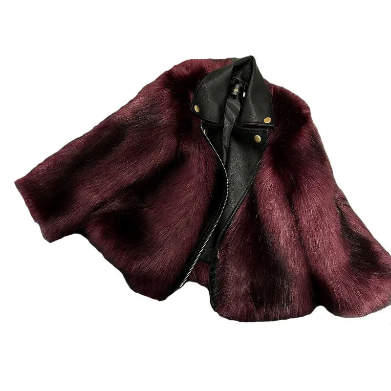 Burgundy faux fur short cape jacket with black faux leather collar and zip-up front