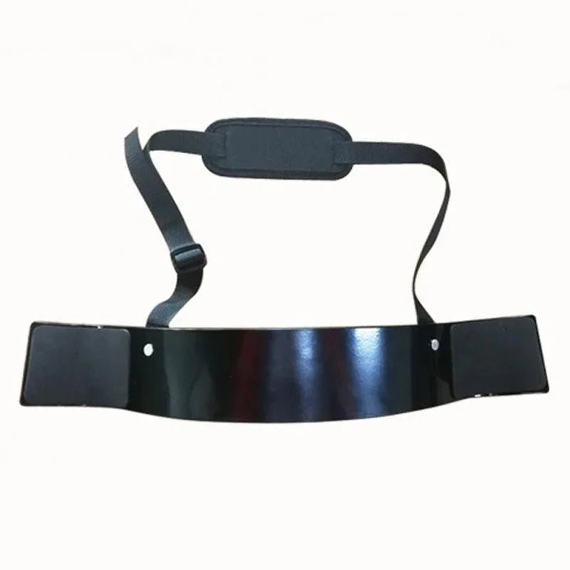 Black adjustable weightlifting arm blaster with padded neck strap, sturdy metal build