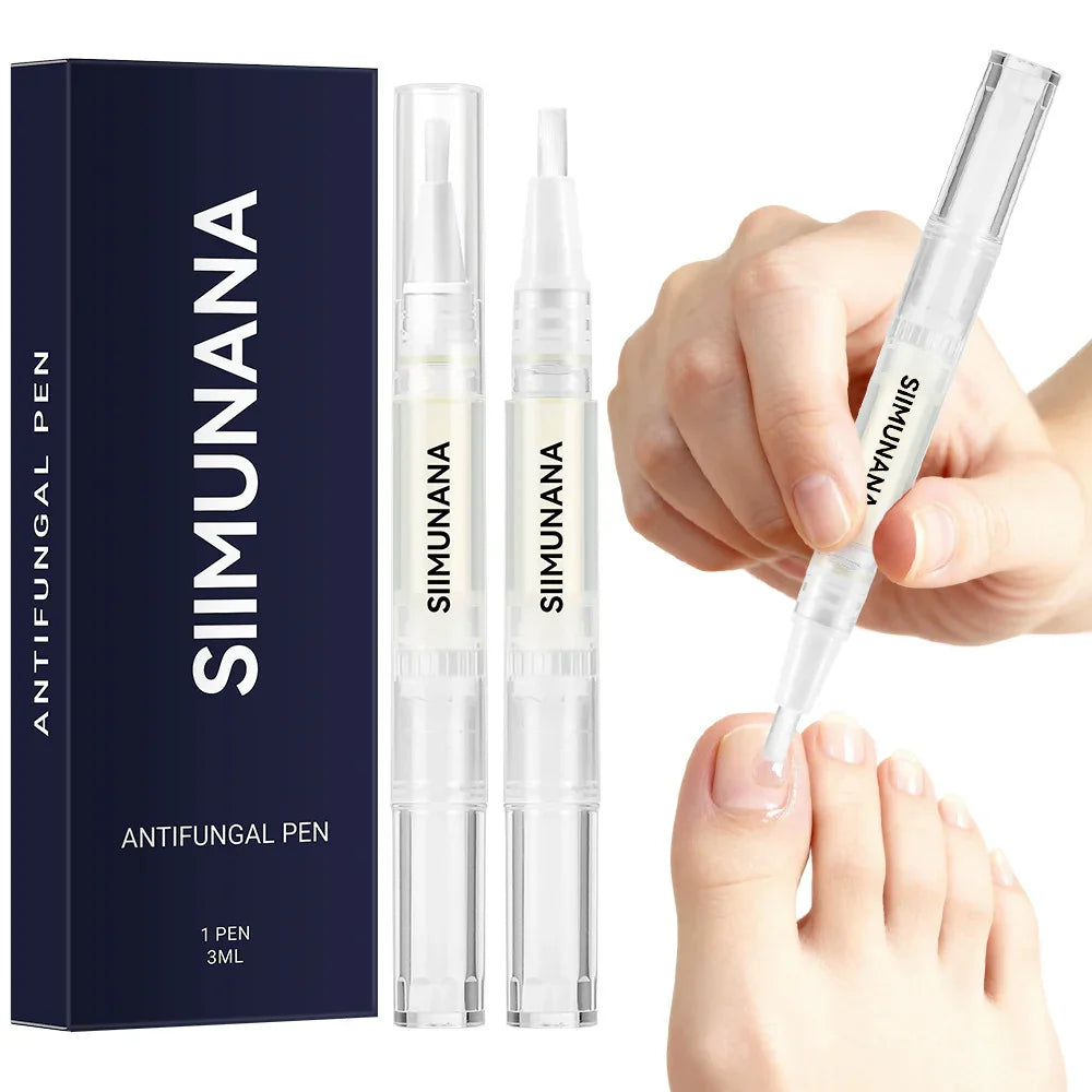 Clear antifungal pen applied to toenail, transparent applicator, modern design