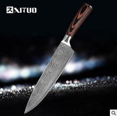 Chef knife with patterned steel blade and polished wooden handle on a dark background.