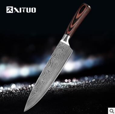 Chef knife with patterned steel blade and polished wooden handle on a dark background.