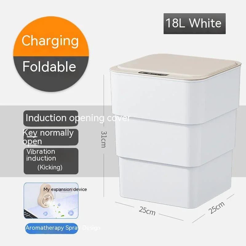 White 18L foldable trash bin with induction opening, charging feature, and aromatherapy spray design