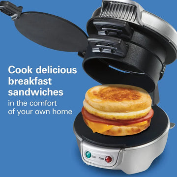 Breakfast sandwich maker with English muffin, egg, ham, and cheese on a blue background