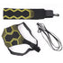 Black and yellow futuristic streetwear harness with adjustable straps and hexagon pattern
