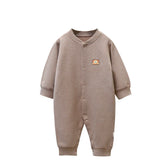 Brown striped baby romper, long sleeves, cotton material, relaxed fit, bear patch detail