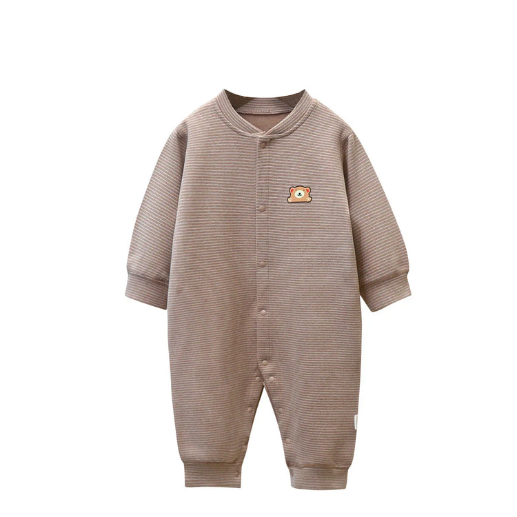 Brown striped baby romper, long sleeves, cotton material, relaxed fit, bear patch detail