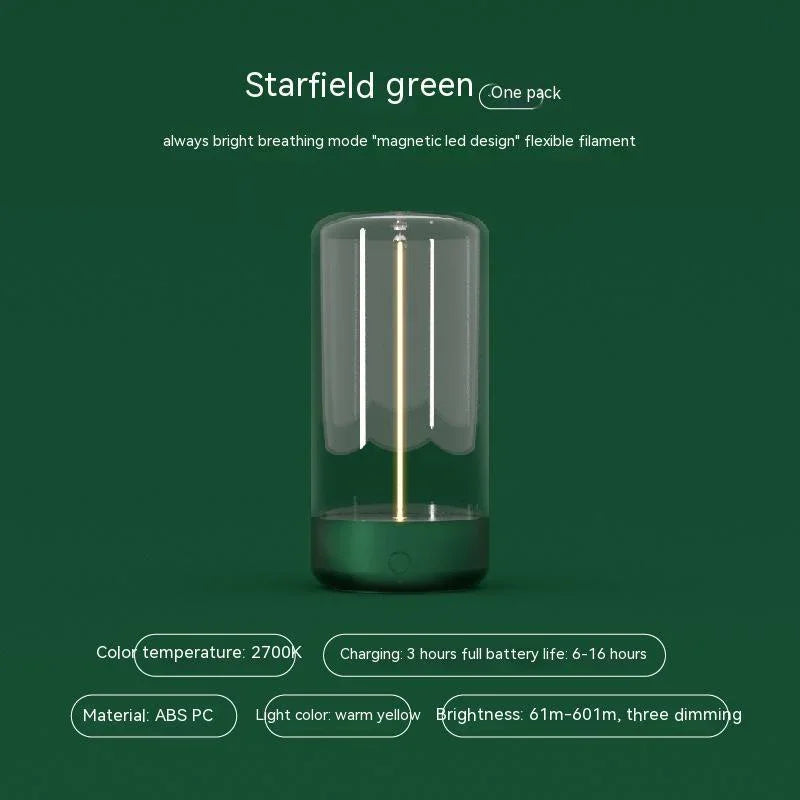 Modern green LED lamp with glass cover, warm yellow light, and cylindrical design
