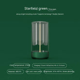 Modern green LED lamp with glass cover, warm yellow light, and cylindrical design