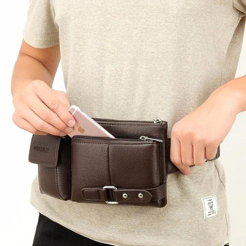 Brown leather waist bag with buckle, worn over a beige t-shirt, holding a phone
