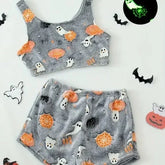 Grey fuzzy tank top and shorts set with Halloween ghost and pumpkin print, relaxed fit loungewear