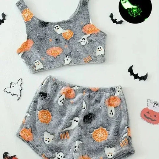 Grey fuzzy tank top and shorts set with Halloween ghost and pumpkin print, relaxed fit loungewear