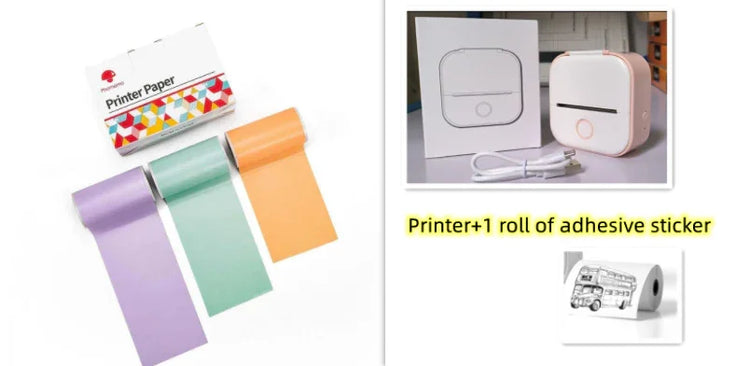 Thermal label printer with USB cable, white and compact, shown with pastel adhesive sticker rolls in purple, green, and orange.