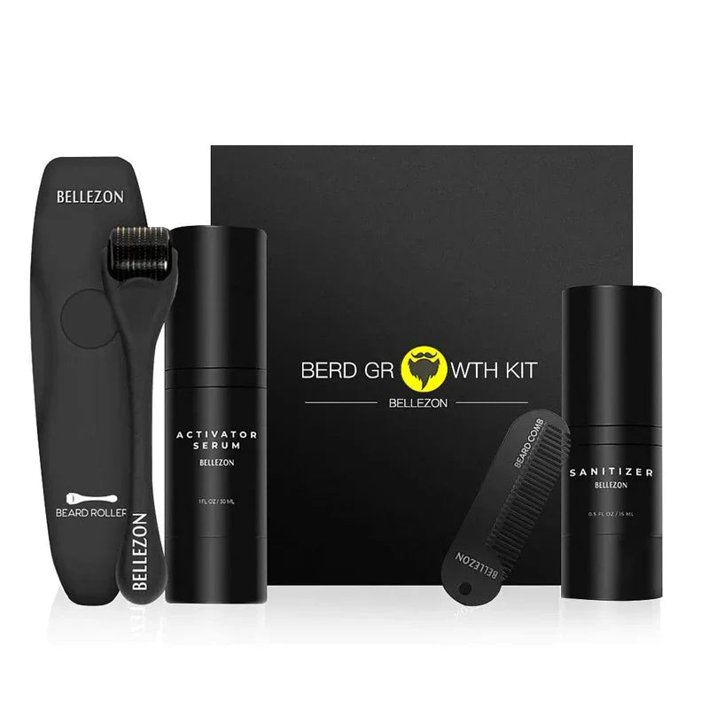Beard grooming kit with black derma roller, activator serum, sanitizer, and comb on display.